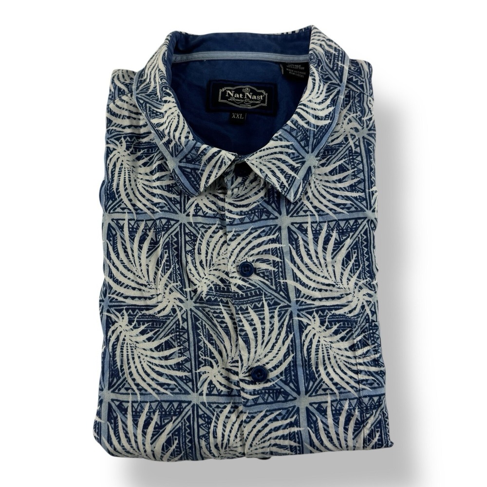Nat Nast Blue White Check Palm Silk Cotton Short Sleeve Button Up Shirt‎ 2XL